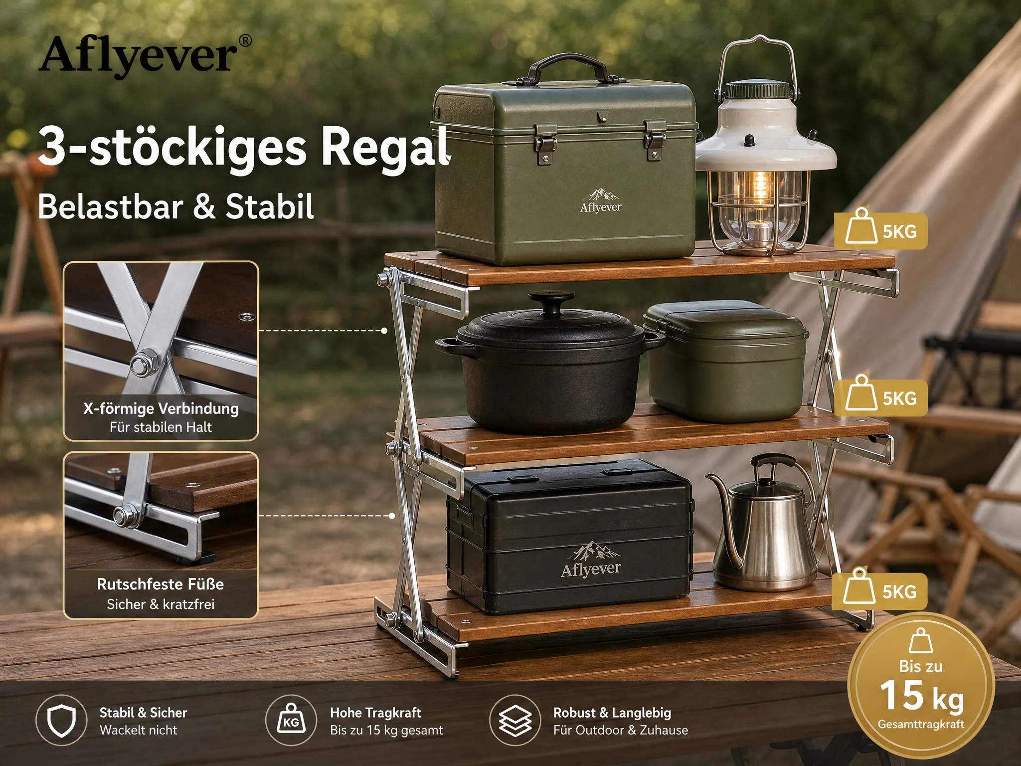 3-Tier Wooden Camping Storage Rack detail