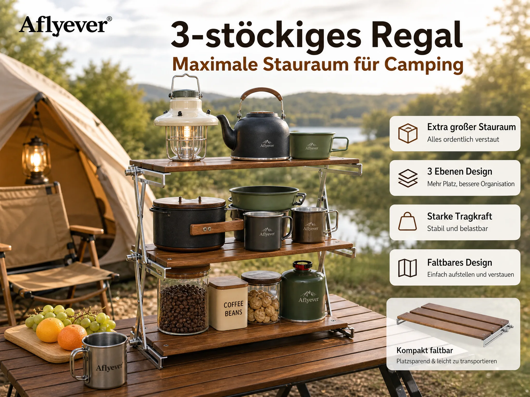 3-Tier Wooden Camping Storage Rack detail