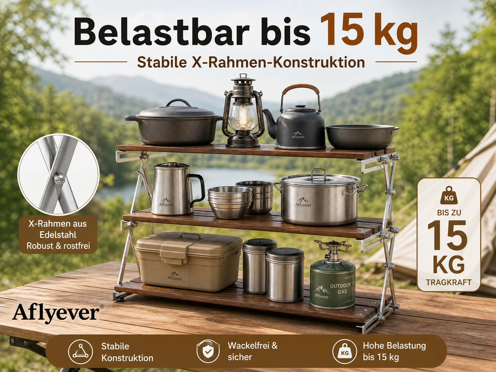 3-Tier Wooden Camping Storage Rack detail