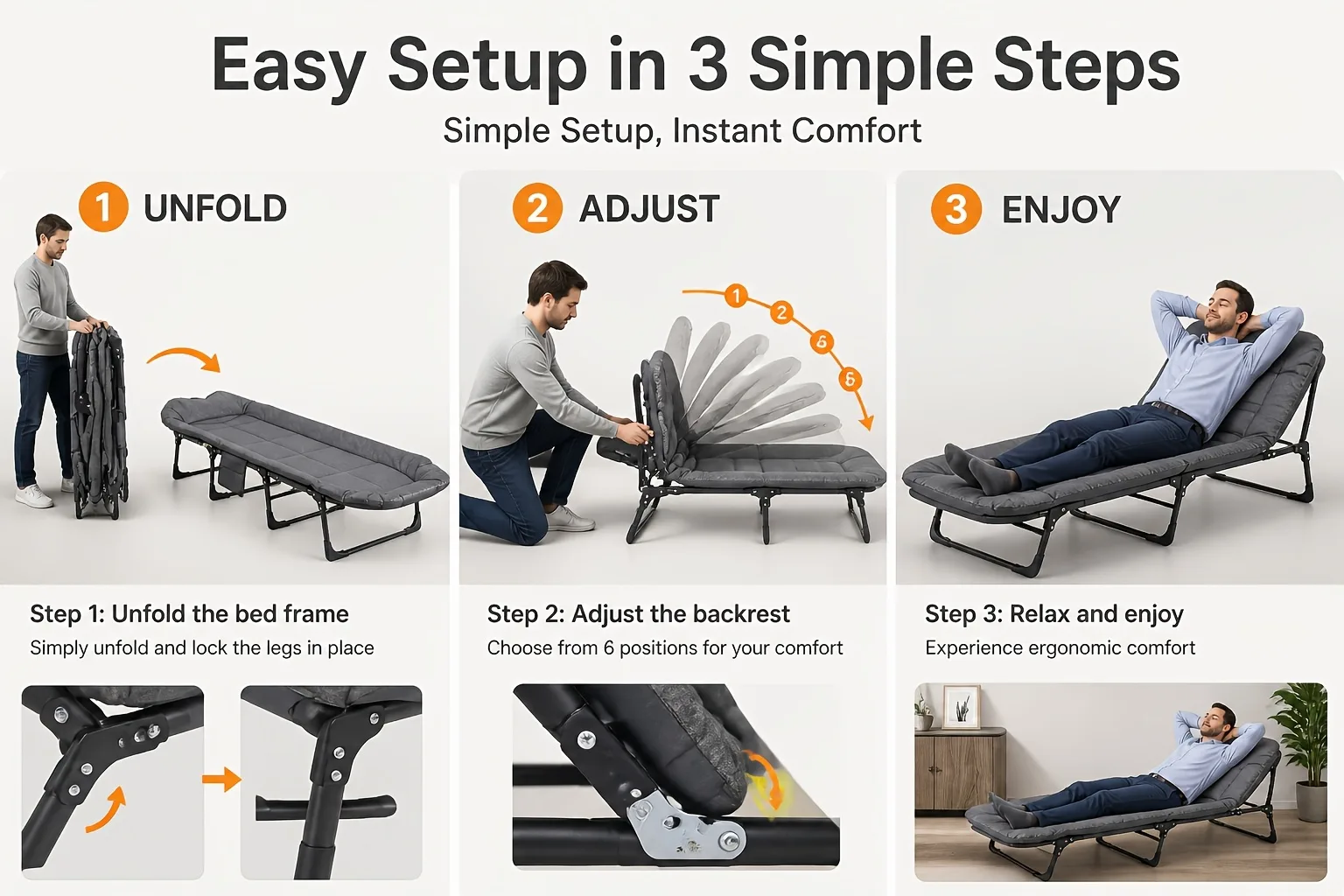 Folding Reclining Camp Cot detail