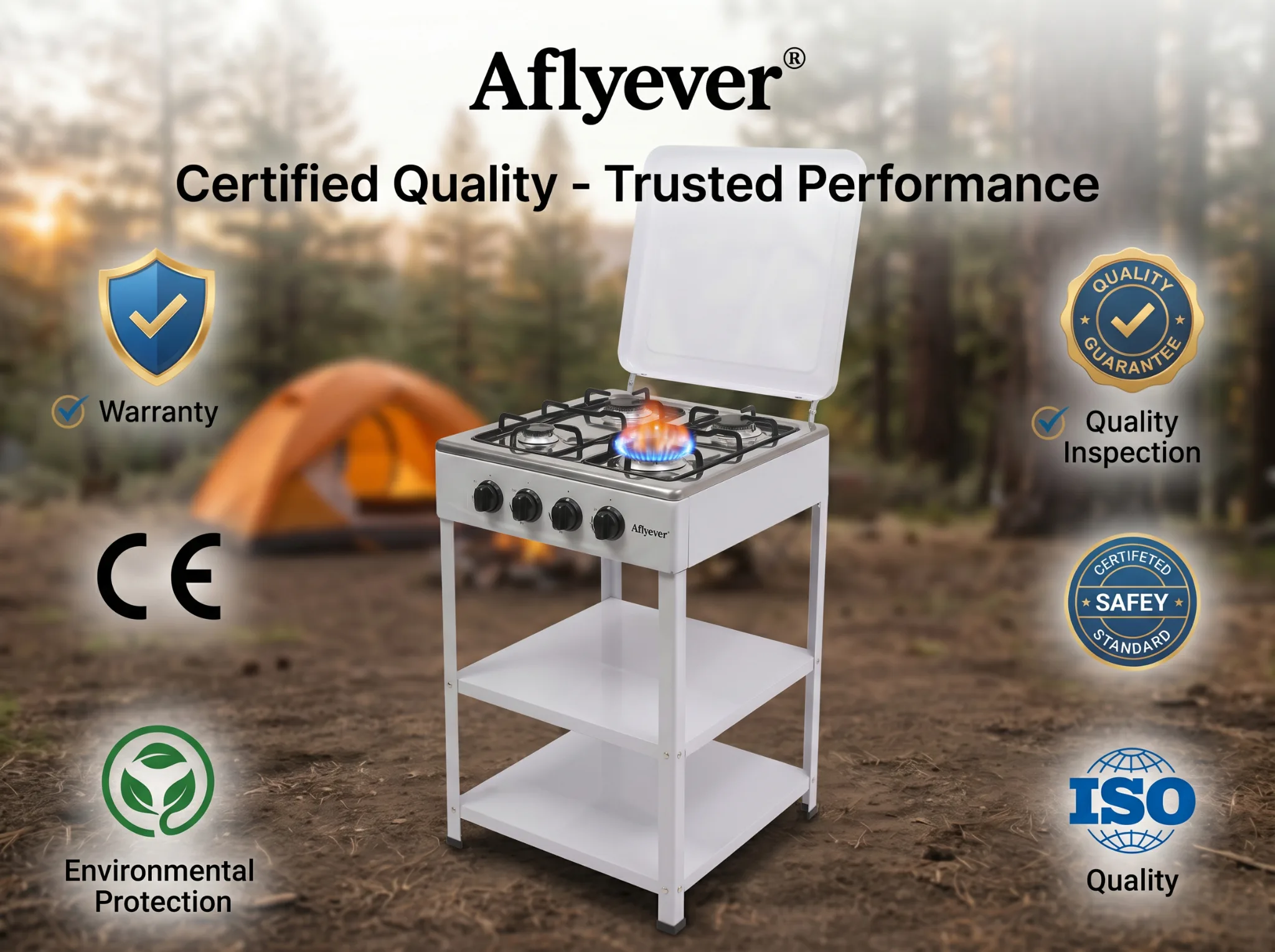 Four-Burner Camping Gas Stove with Storage Shelves - White detail