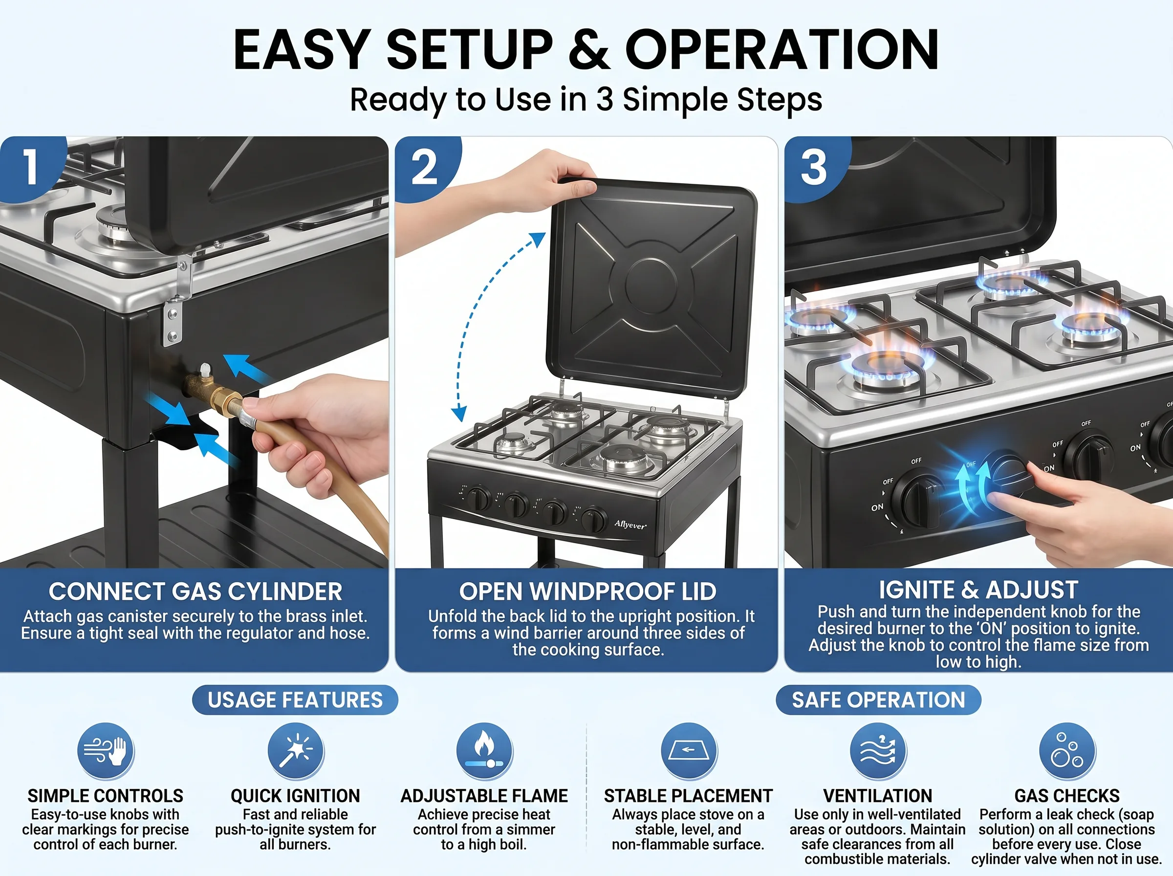 Four-Burner Camping Gas Stove with Storage Shelves - Black detail